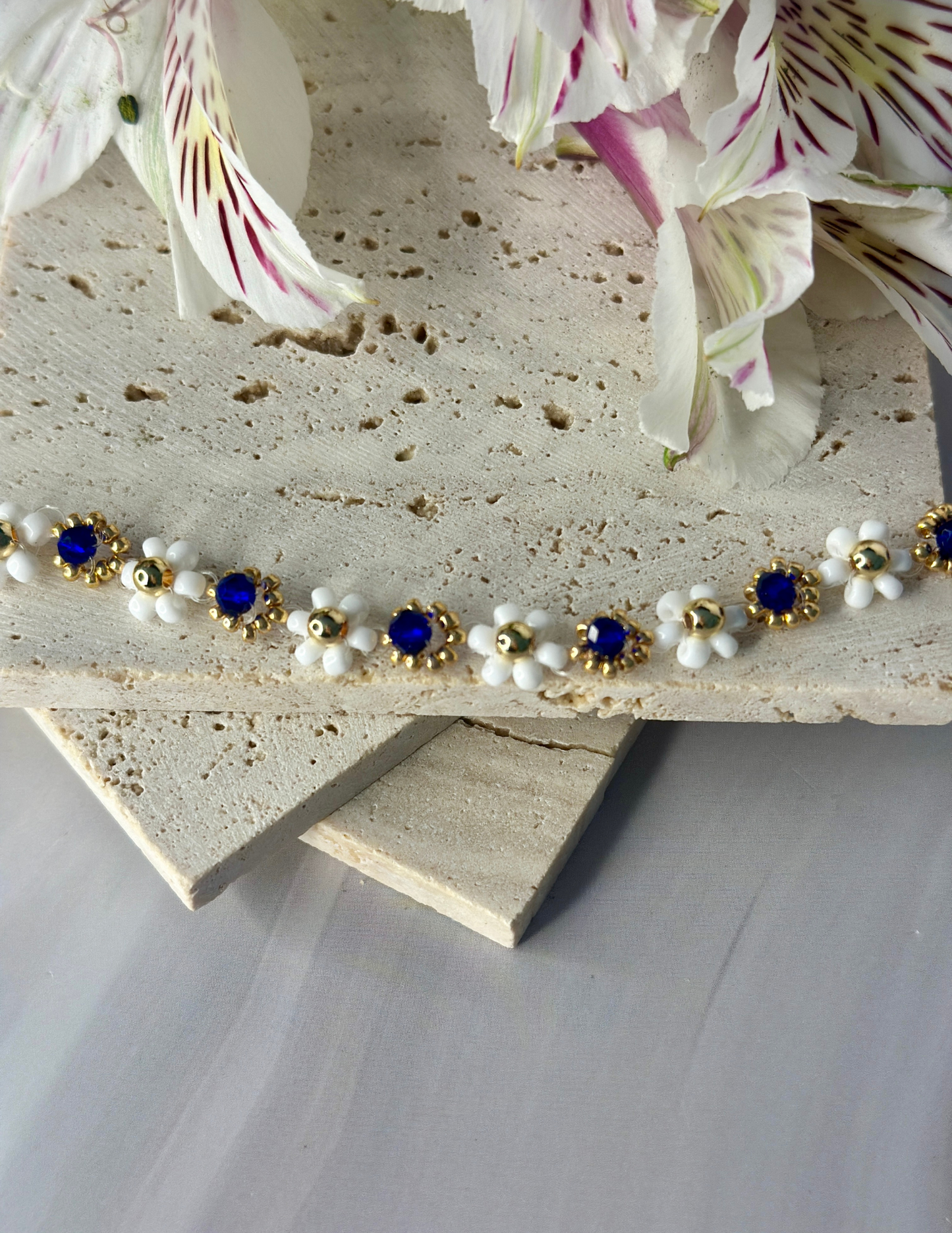 Dark Blue and White Flower Bracelet