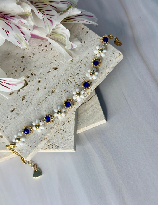 Dark Blue and White Flower Bracelet